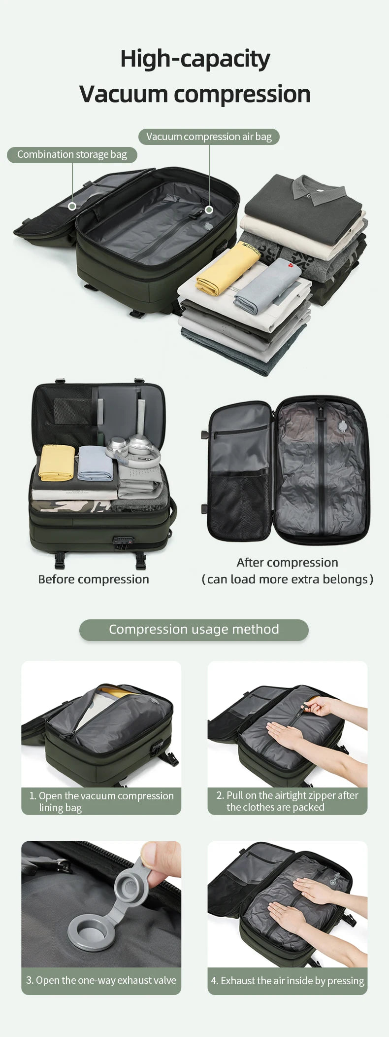 Men Travel Backpack 17 inch vacuum compression Laptop Backpack Extended Large Capacity school Backpack Hiking Business backpack